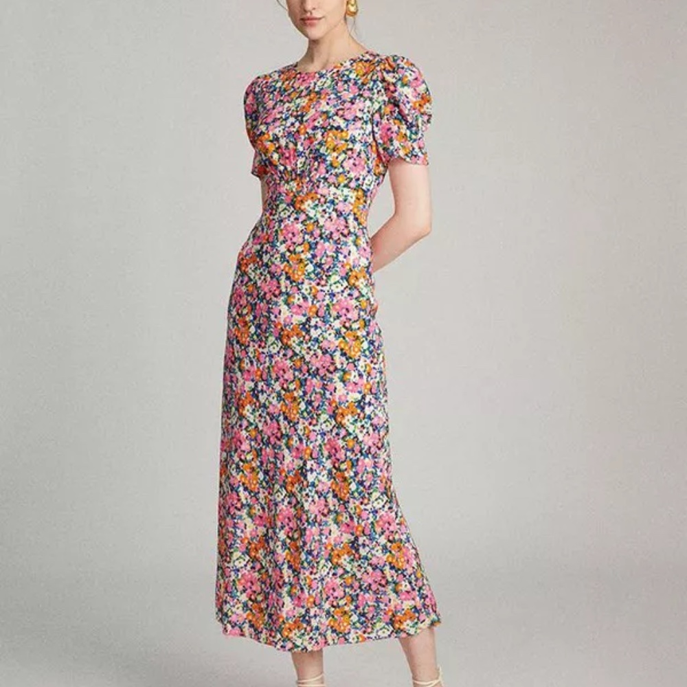Saloni Bianca Midi Dress Pink Rosette Print size 8